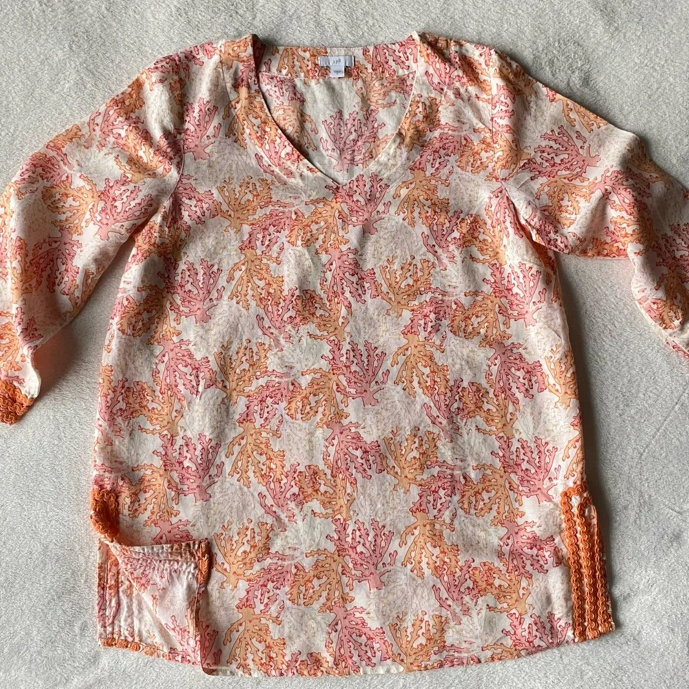 šŖø J. Jill sz.S Orangeā Multi Linen Blend Coral Reef Print Tunic Top Blouse - Picture 9 of 16